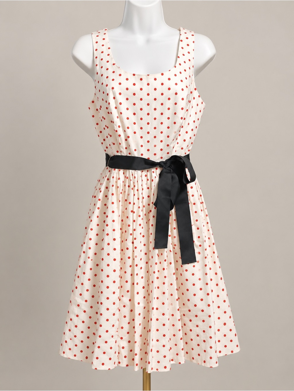 ELLE Size 8 Red Polka Dot Fit & Flare Dress Black Bow Belt Retro Style #1139 - Picture 2 of 5